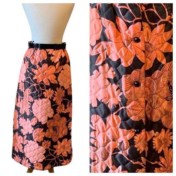 Vintage 1960s Pink & Black Floral Quilted Skirt with Patent Leather Belt - Med - Picture 7 of 11